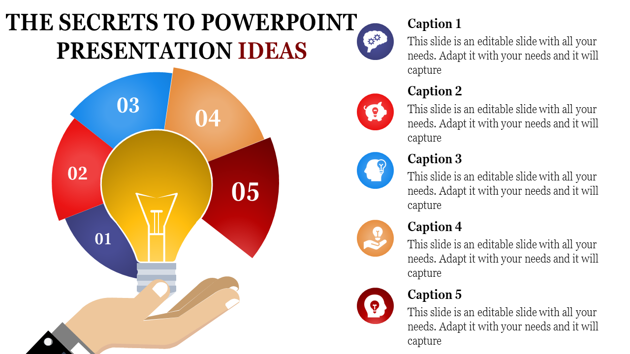 Circular infographic with five colorful numbered segments, featuring a light bulb in the center held by a hand at the bottom.