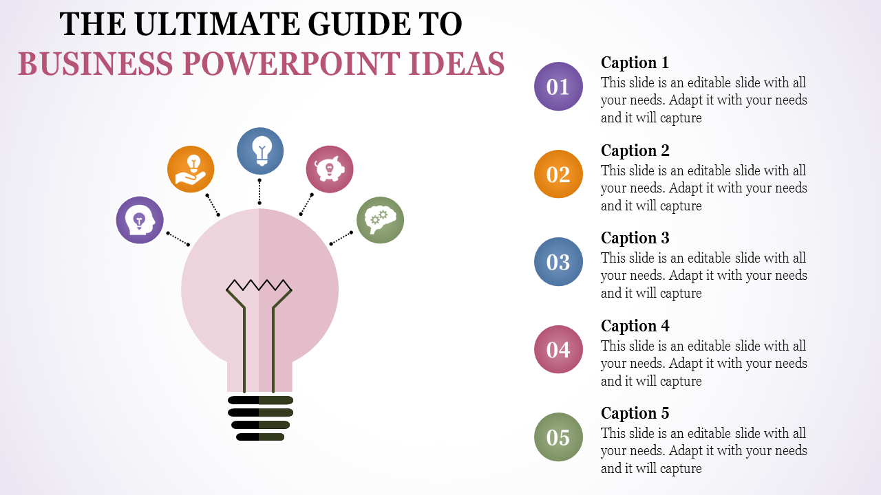 Business idea infographic featuring a central pink light bulb and five multicolored idea icons connected to caption areas.