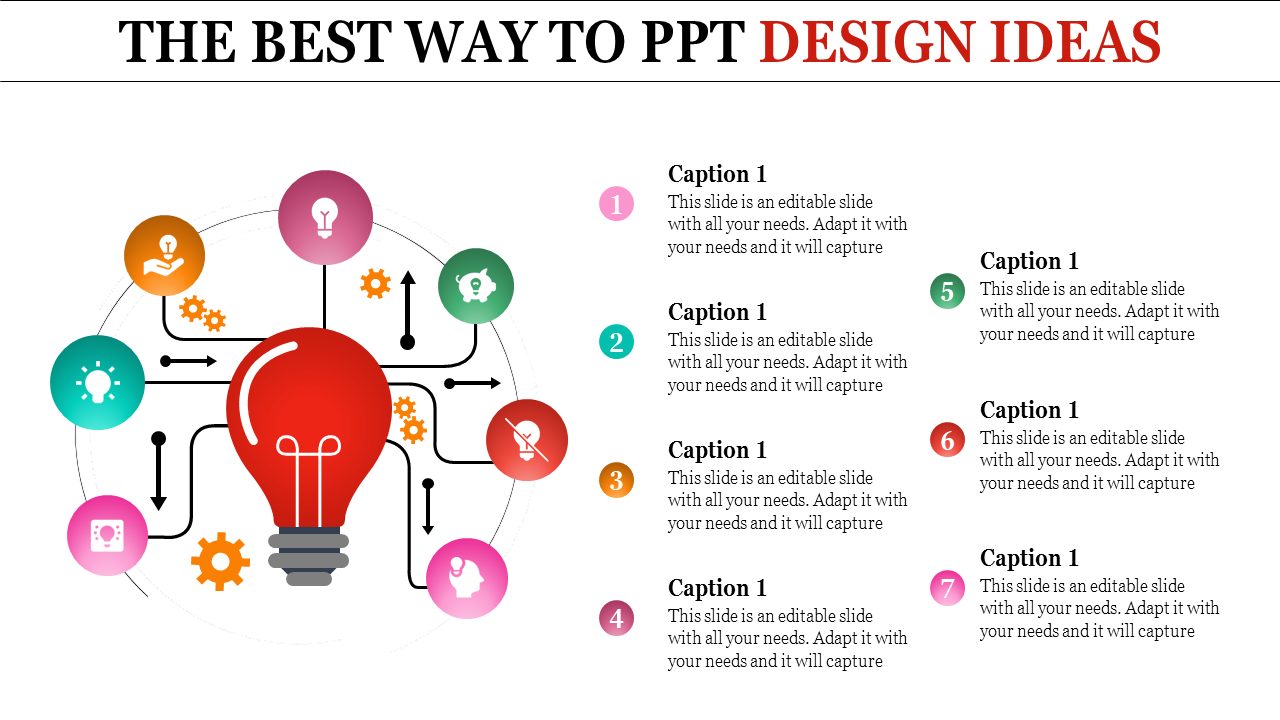 Slide showcasing design ideas with a large red lightbulb icon in the center, surrounded by various icons and captions.