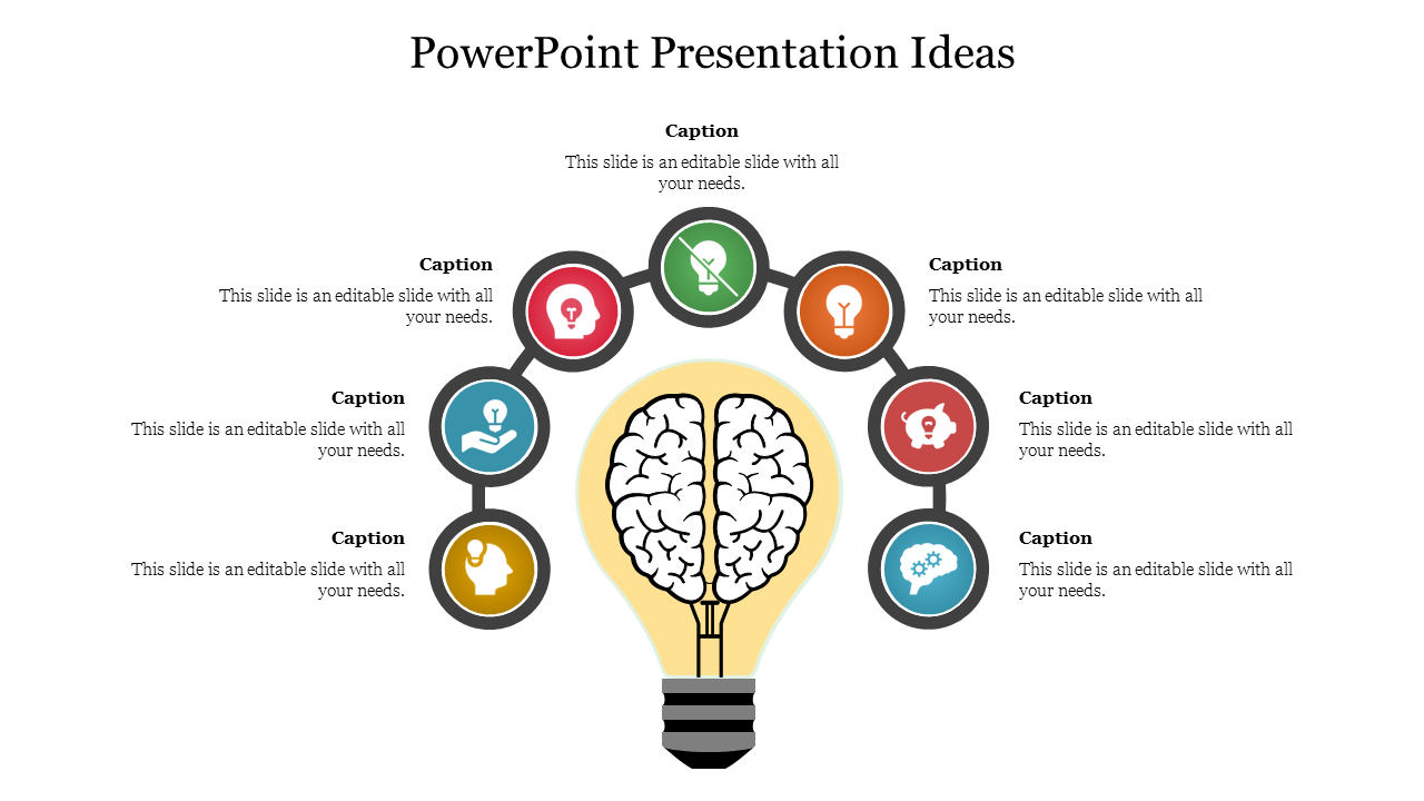 PowerPoint slide with a lightbulb-brain and eight icons around it for presentation ideas, each with a caption.