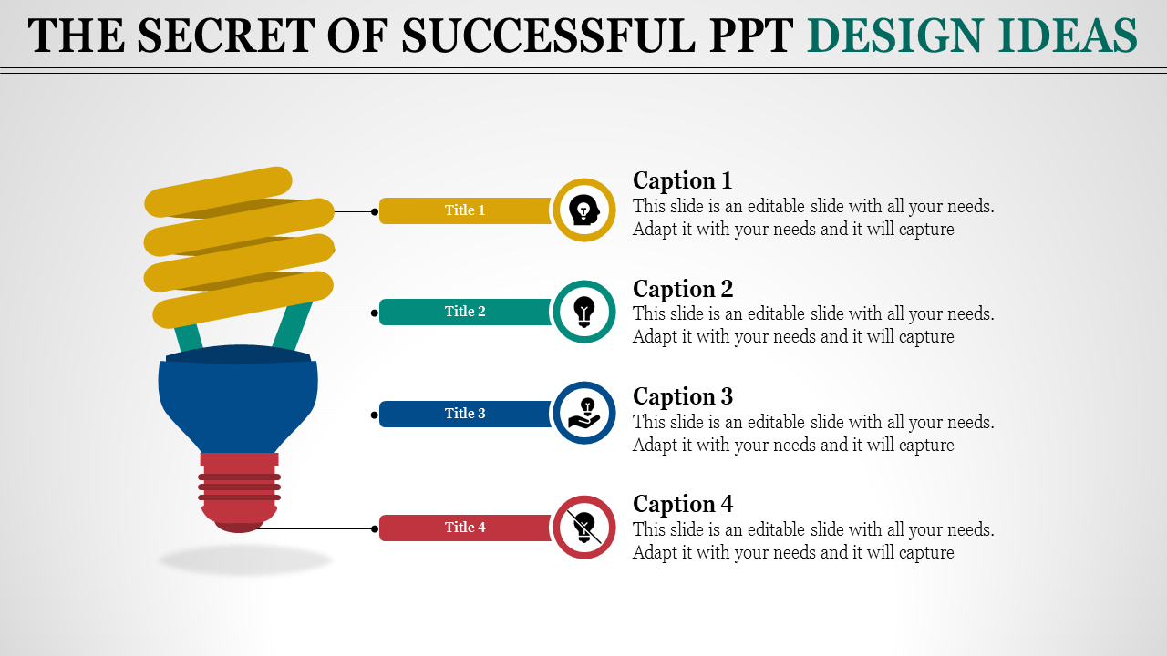 Creative slide with a light bulb illustration, featuring four captions, each with a title and icon with four caption areas.