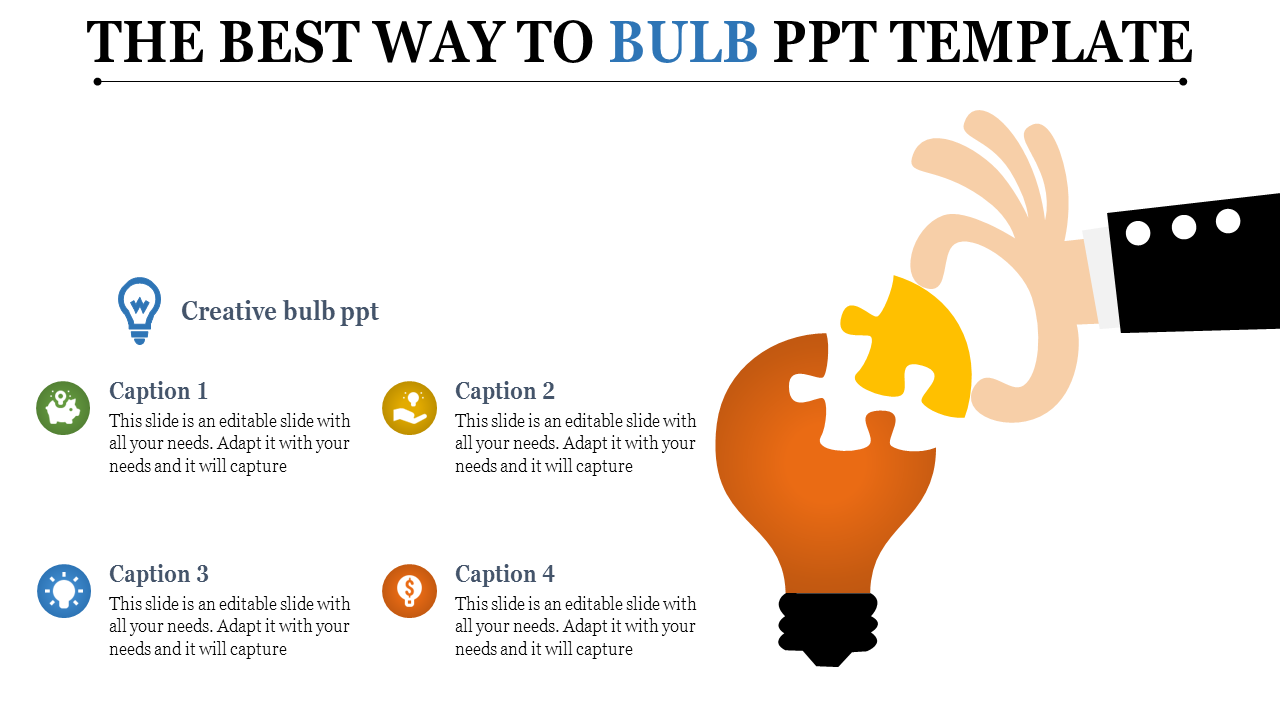 Orange light bulb graphic with a puzzle piece being placed by a hand, accompanied by four captions with icons.