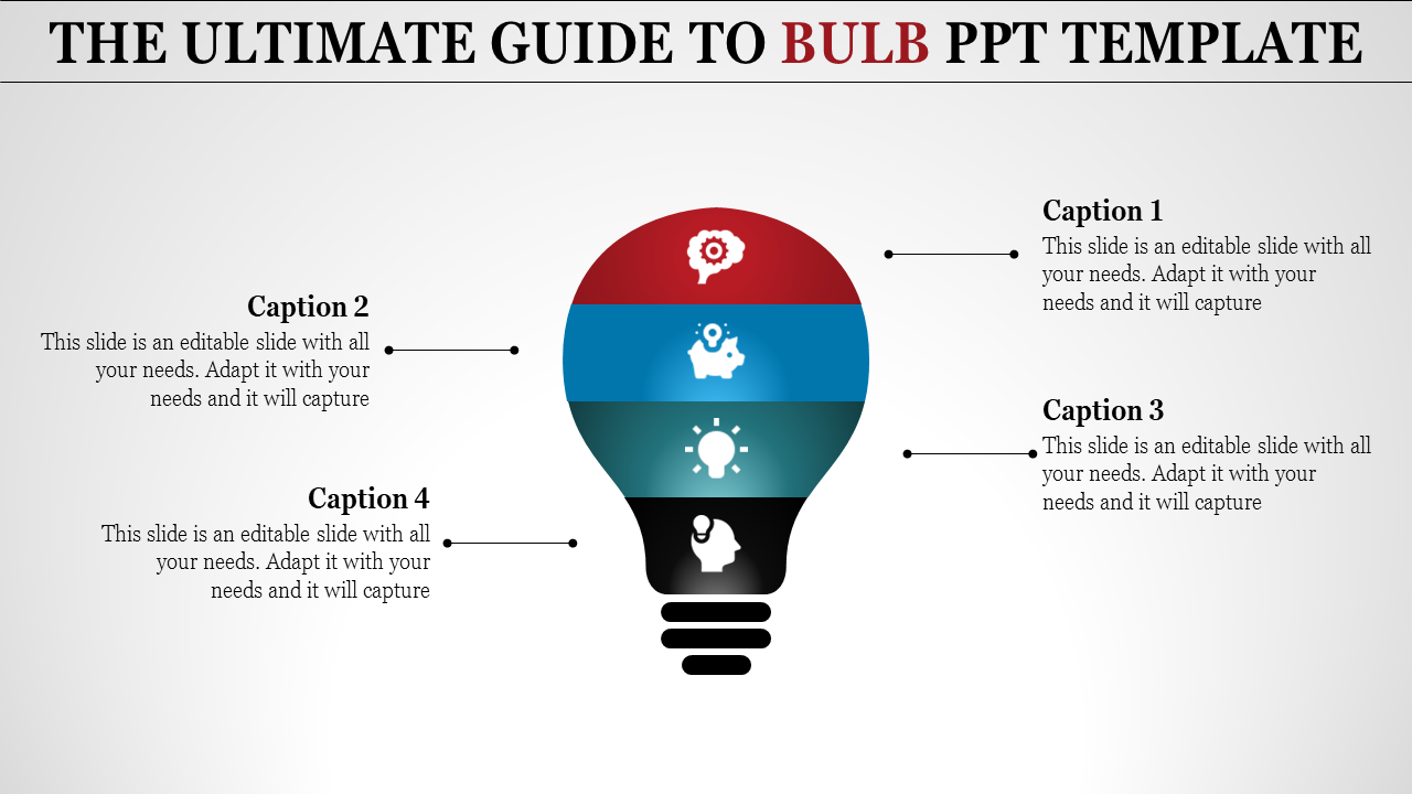 Bulb shaped infographic with four sections in red, blue, teal, and black, each containing icons and captions.