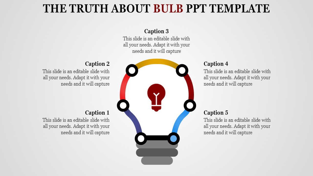 Slide featuring a light bulb with multicolored connecting lines, representing an idea generation process with captions.