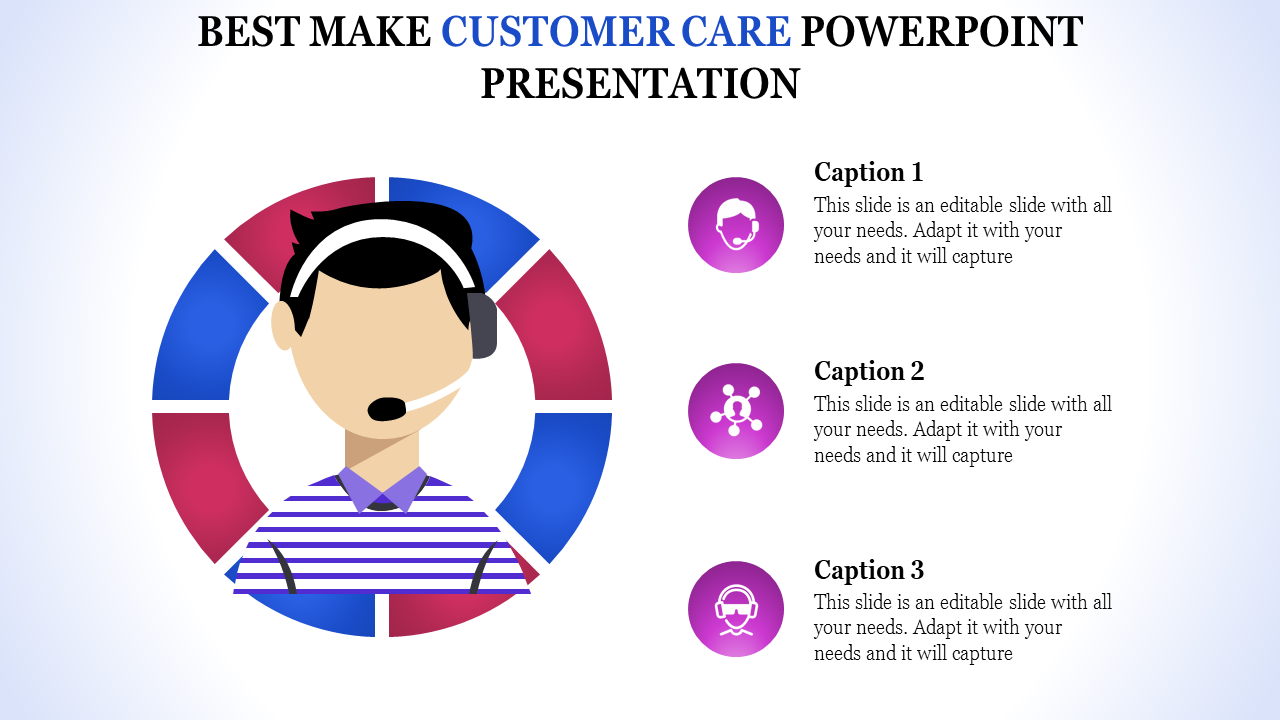 Colorful customer care slide featuring a headset user and circular design with captions.