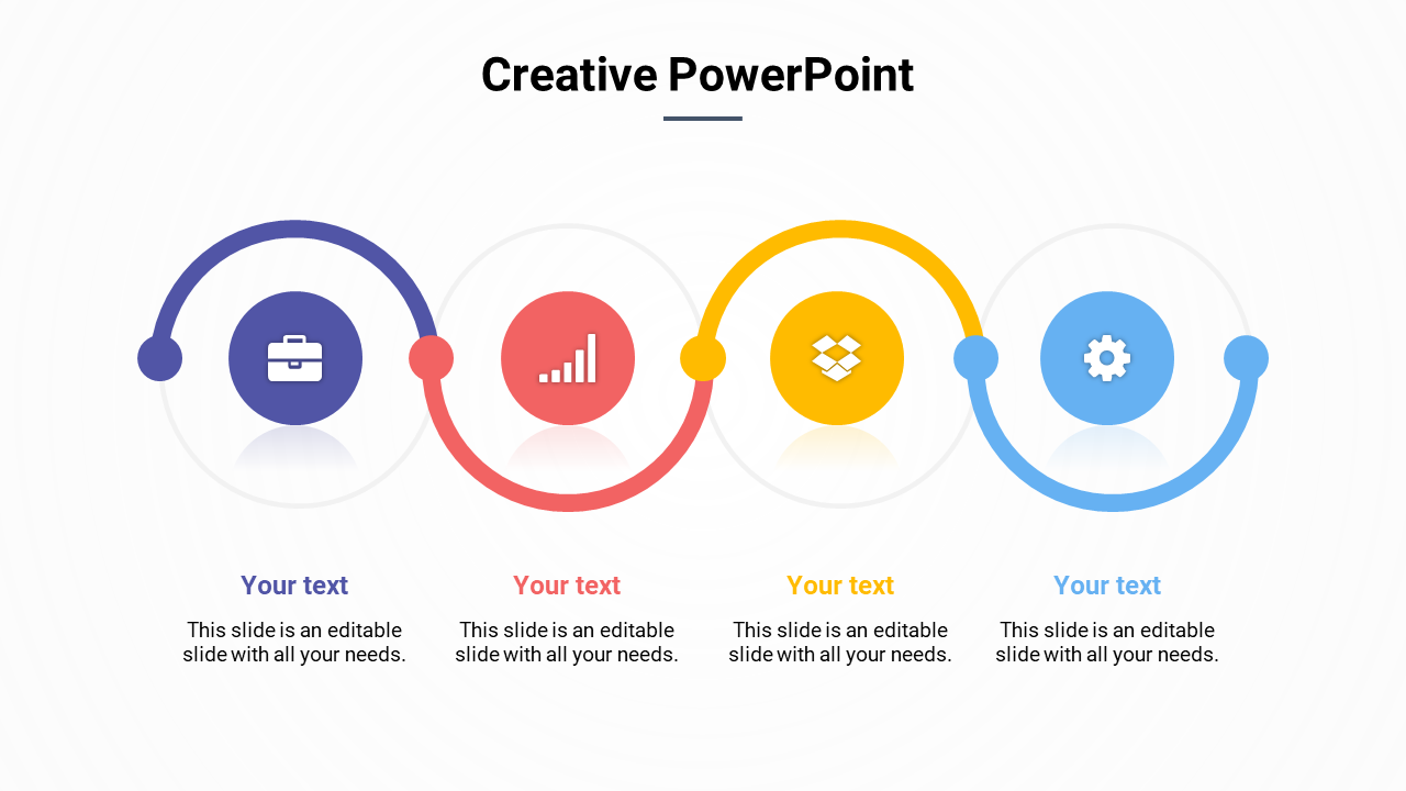 Creative slide with four colorful icons connected by curved lines, representing business, data, cloud storage, and settings.