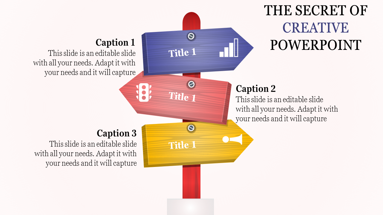 Infographic with three colorful directional signboards in blue, red, and yellow, and captions alongside.