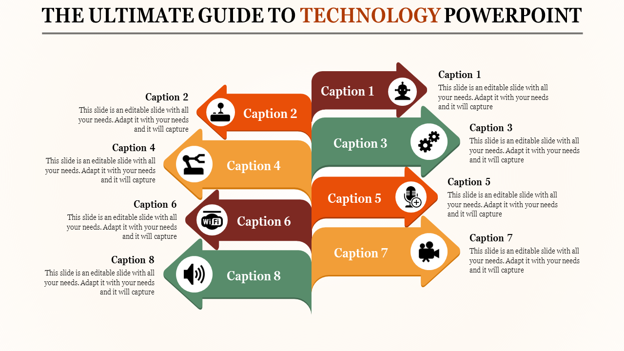 Infographic with eight alternating arrows in orange, green, and red, each containing captions and technology icons.