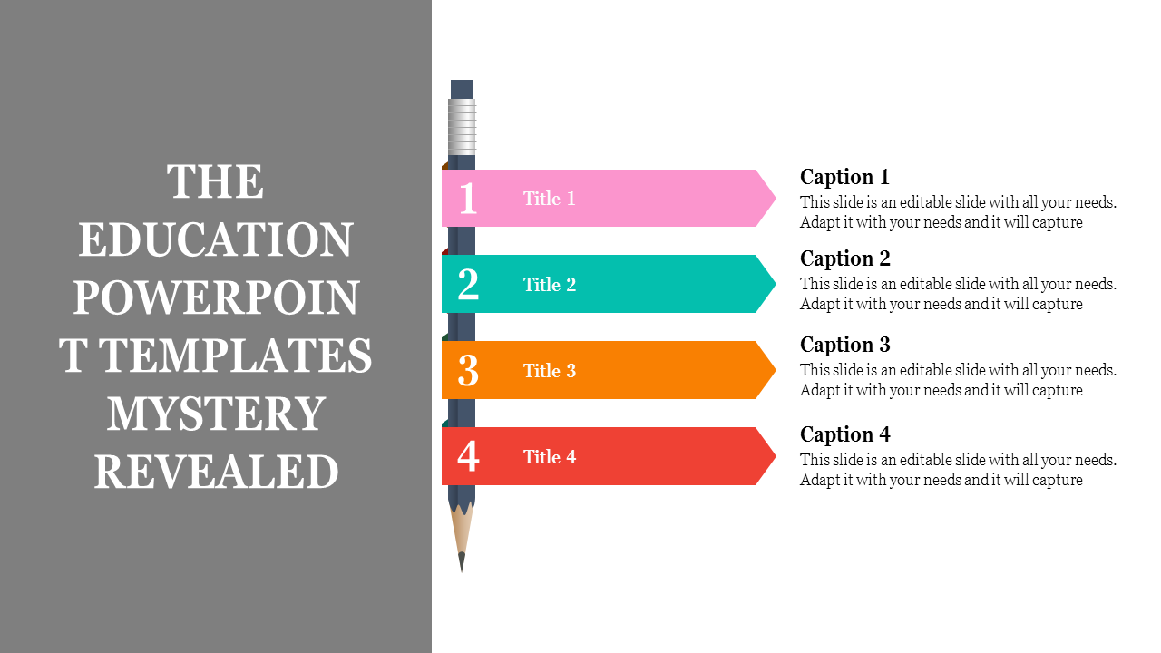 Education PowerPoint template showing colorful arrows with titles and captions.