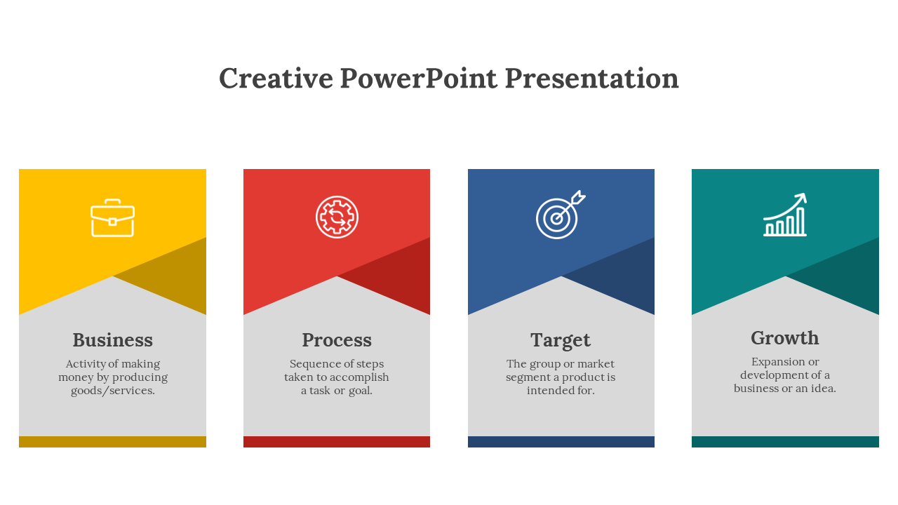 Creative PowerPoint slide with four colored labeled boxes each with corresponding icons and descriptions.