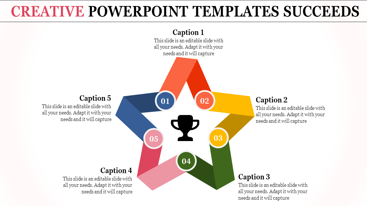 Five segment star shaped infographic with colorful sections numbered 01 to 05, and a trophy icon in the center.