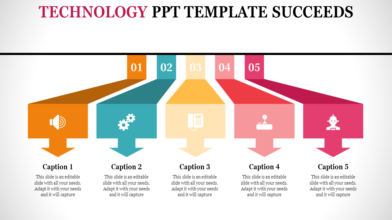 Technology themed infographic featuring five numbered arrows, each with an icon and a caption areas below.