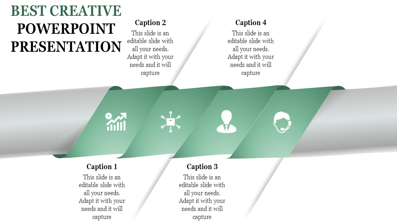 Creative PowerPoint slide featuring four steps with icons for growth, technology, professional, and customer support.