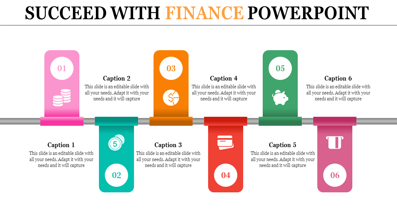 Slide with six vertical segments in pink, teal, orange, red, green, and purple, featuring finance icons.