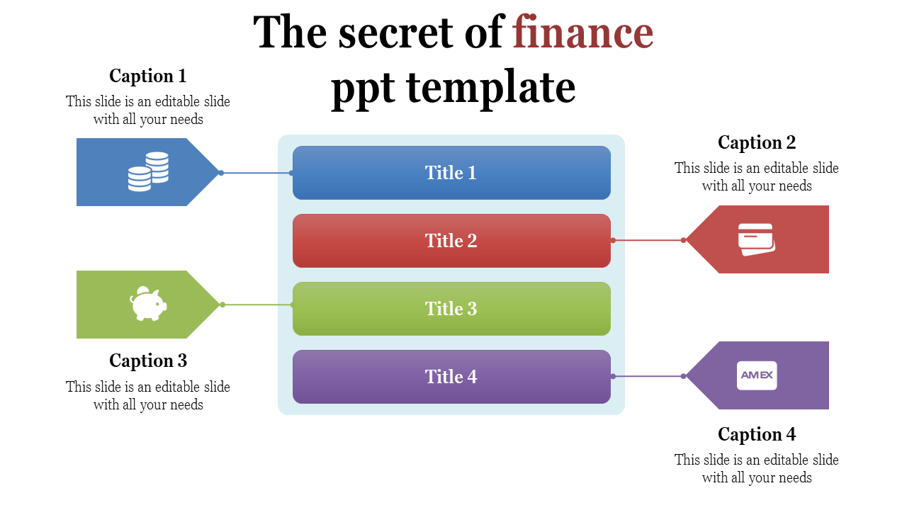 Finance themed infographic with horizontal blue, red, green, and purple segments connected to icons and captions.