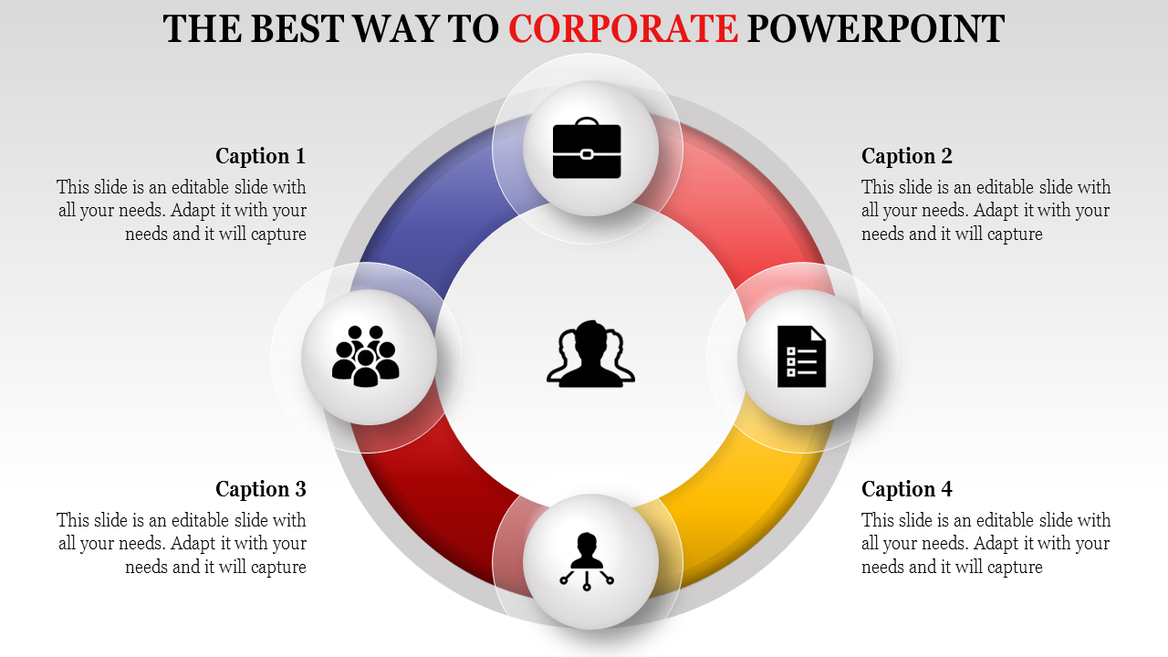 Infographic showing a circular flow with icons for business operations, teamwork, and corporate tasks.