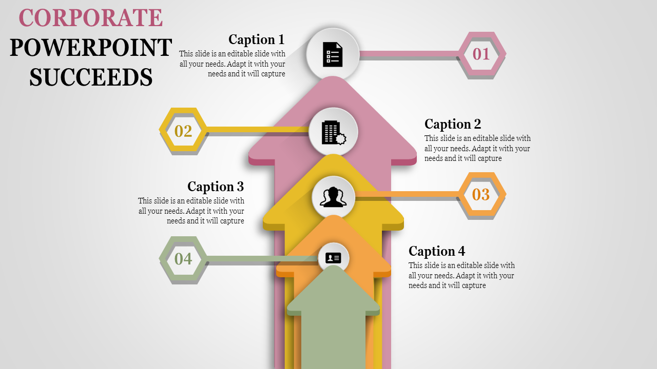 Corporate slide showing a progression of four colorful arrows with icons representing tasks and goals.