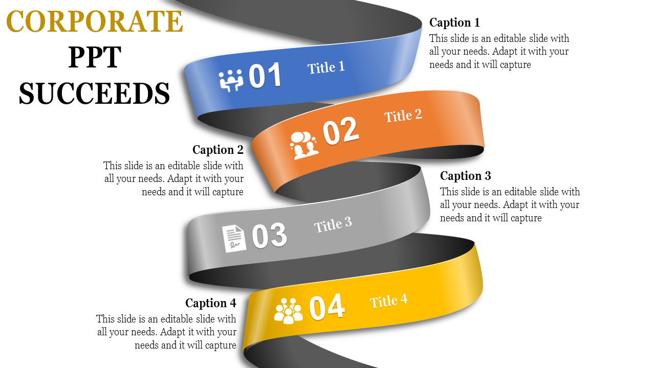 Ribbon infographic with four steps in blue, orange, gray, and yellow, featuring icons and captions on a white background.