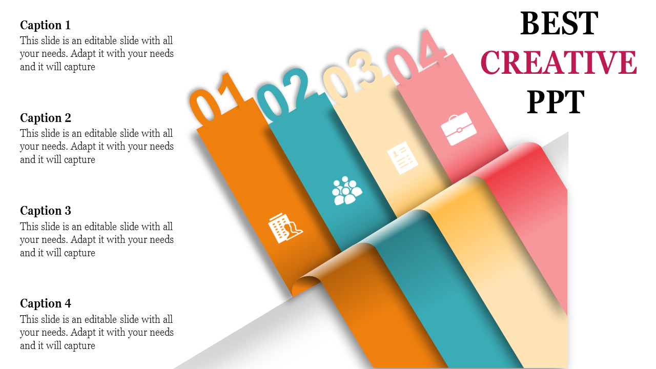 Colorful curved ribbons in orange, teal, yellow, and pink, numbered 01 to 04, each with icons and captions.