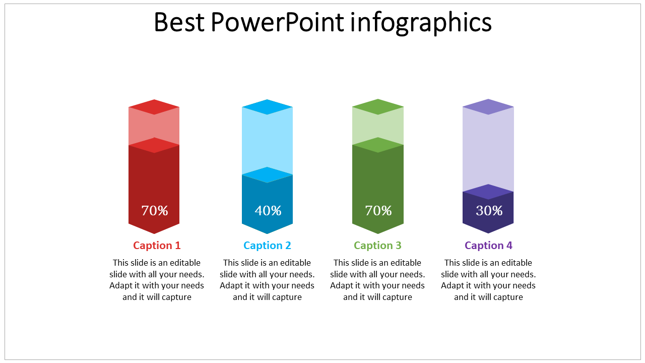 Infographic showing four vertical 3D bars in different colors, each representing percentages with placeholder text area.