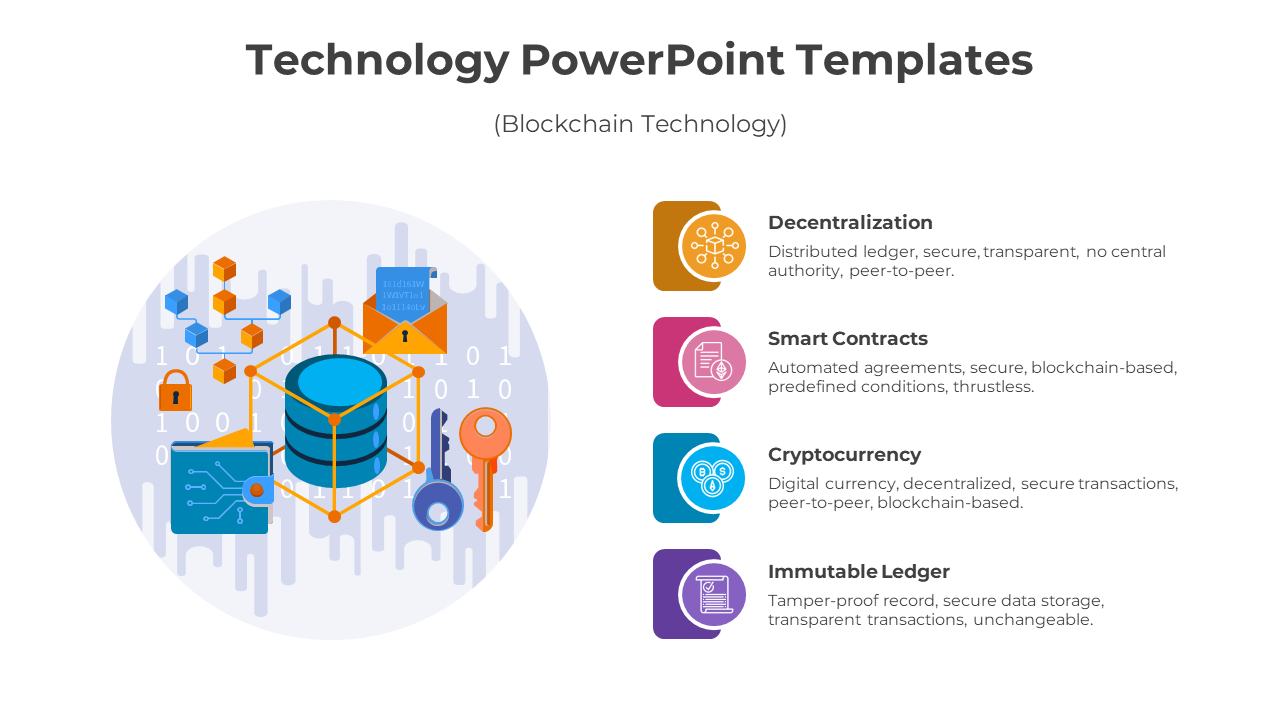 A blockchain-themed illustration with a database, locks, and keys, paired with descriptions of blockchain features.