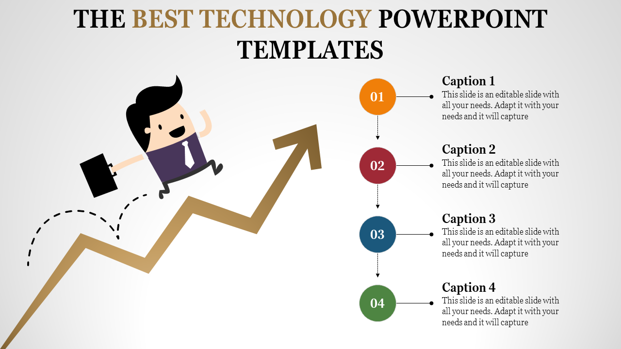 Technology PowerPoint template showing a business person ascending a growth arrow with four steps and captions.