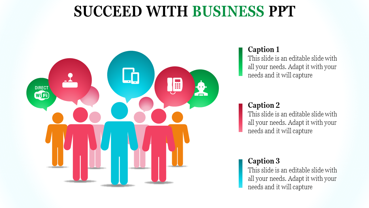 Business slide featuring colorful human icons with speech bubbles containing technology-related symbols.