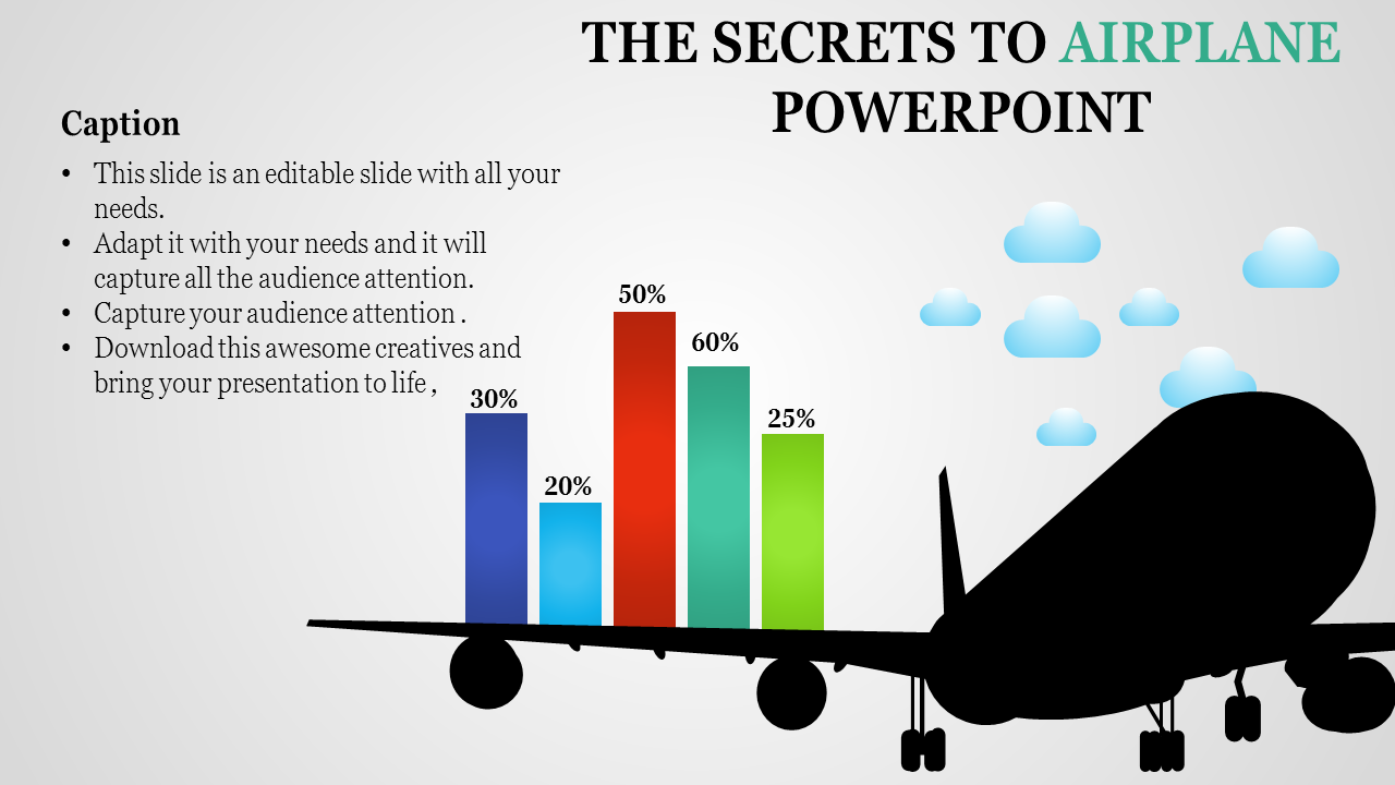 Silhouette of an airplane with a multicolored bar graph showing percentages, against a light background with clouds.