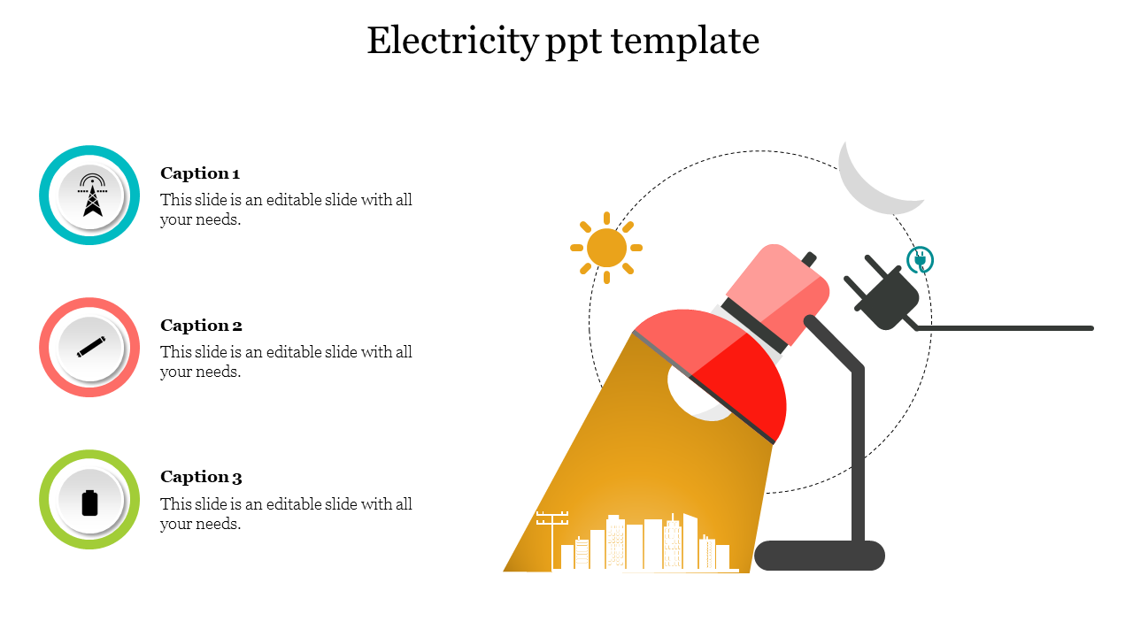 Electricity slide featuring a large desk lamp illuminating a cityscape with icons and text captions.