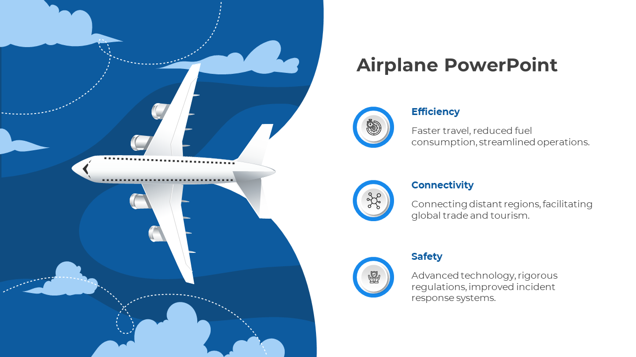 White airplane illustration on a blue gradient background with clouds, and three circular icons with text on the right.