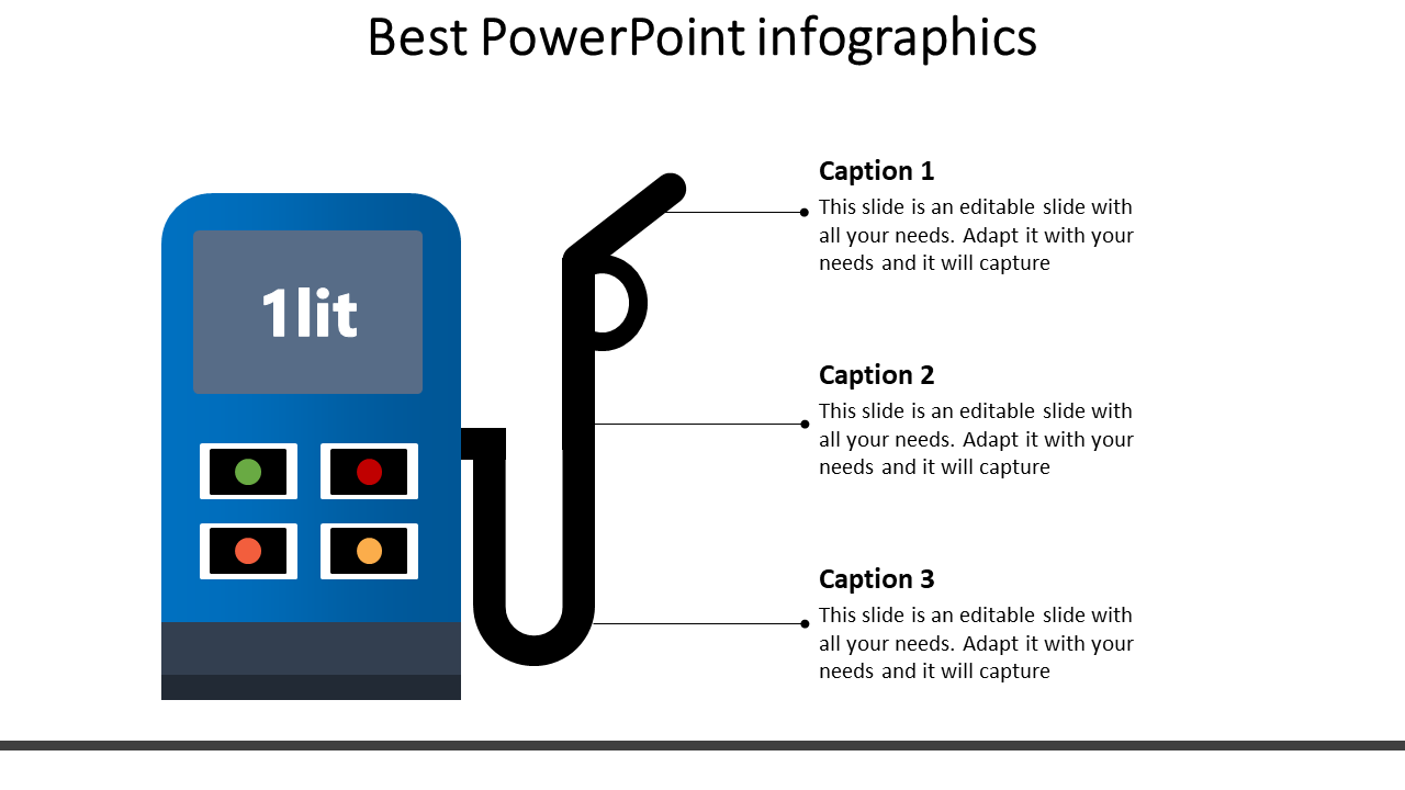 Slide featuring a blue fuel pump design with color coded buttons and a black nozzle, and three caption areas.