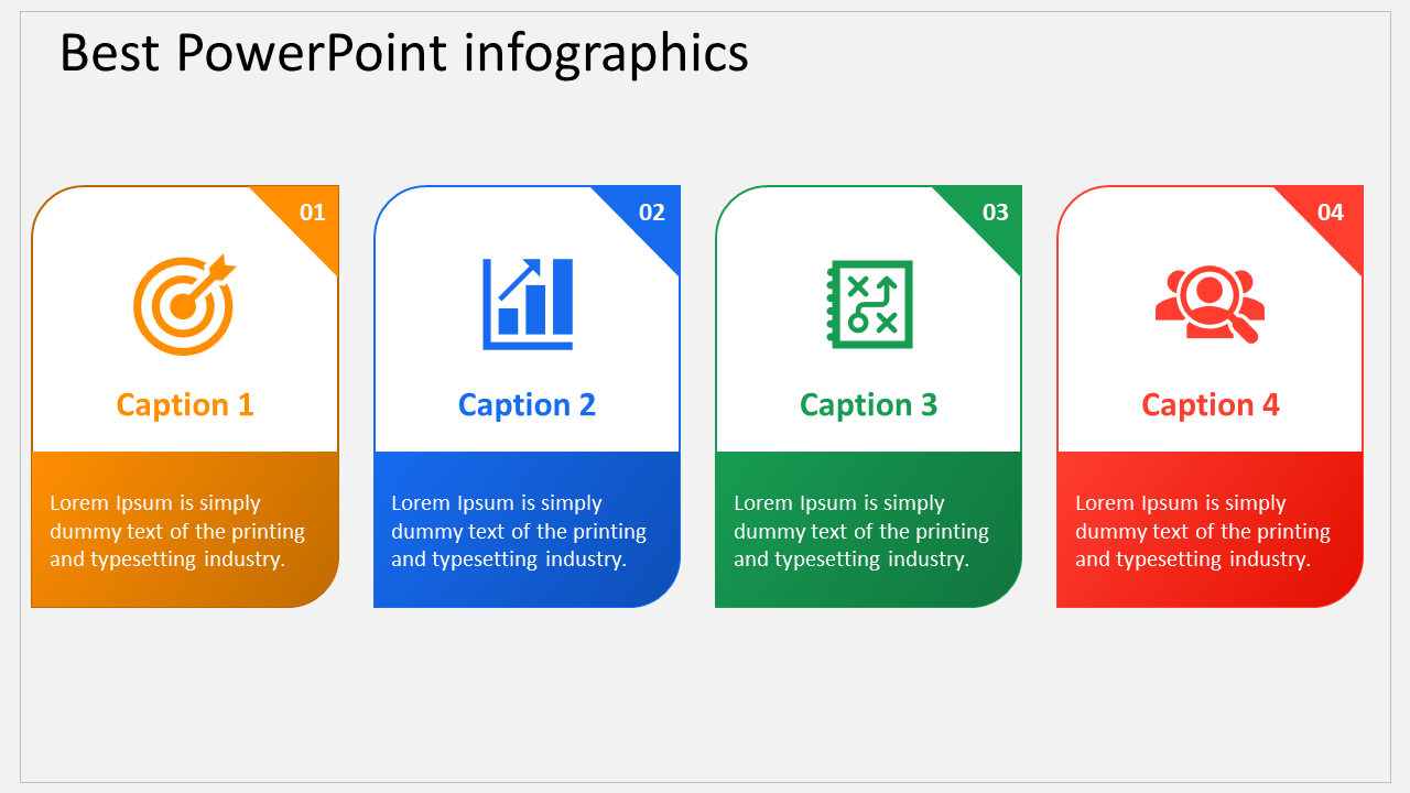 Four colorful infographic cards in orange, blue, green, and red, each containing an icon and placeholder text.