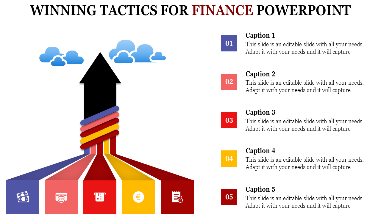 Finance slide showing a multicolored arrow formed by ribbons with icons for financial tools at the base. 