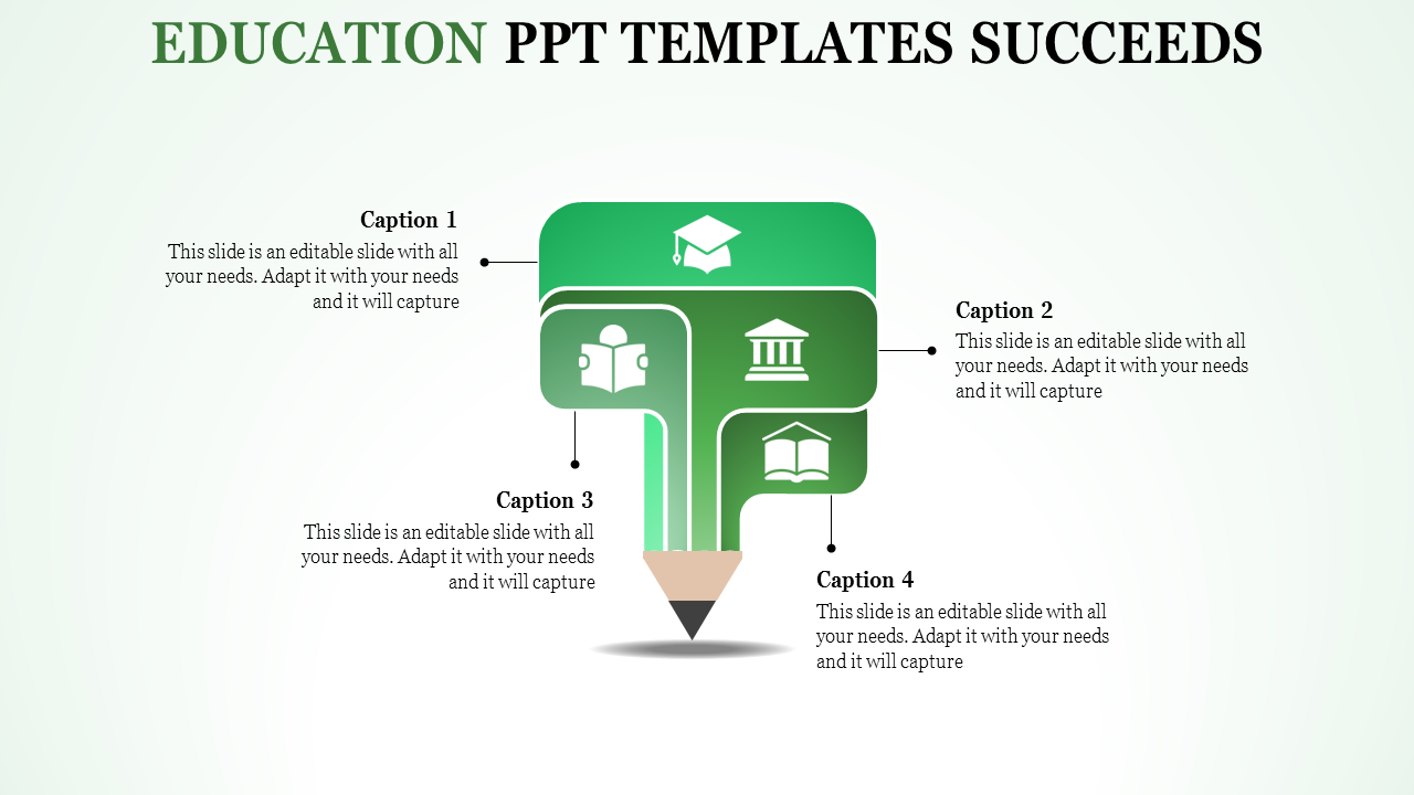 Education PowerPoint template featuring icons related to learning, books, and a green pencil with captions.