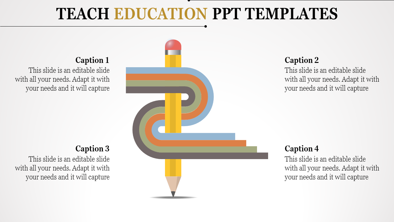 Education PPT template featuring a pencil wrapped by a colorful winding path with four caption areas.