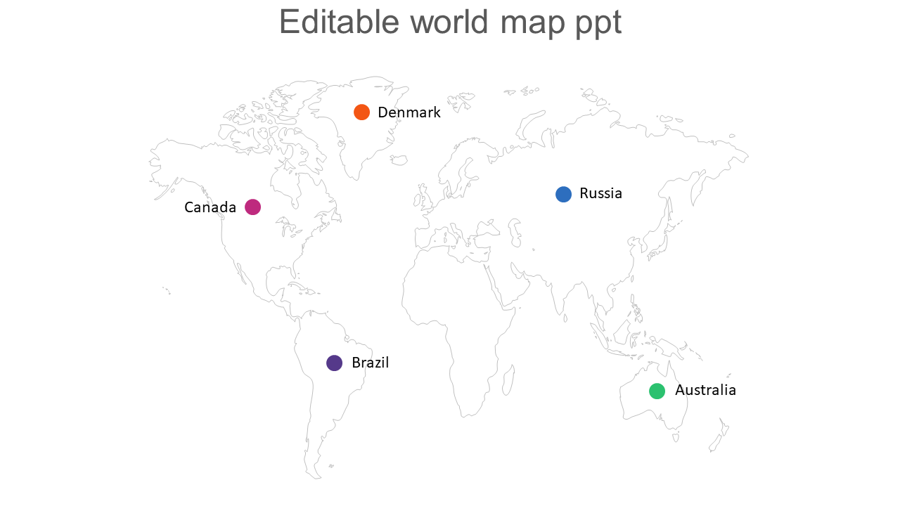 World map with five colored markers indicating locations for Canada, Denmark, Russia, Brazil, and Australia.