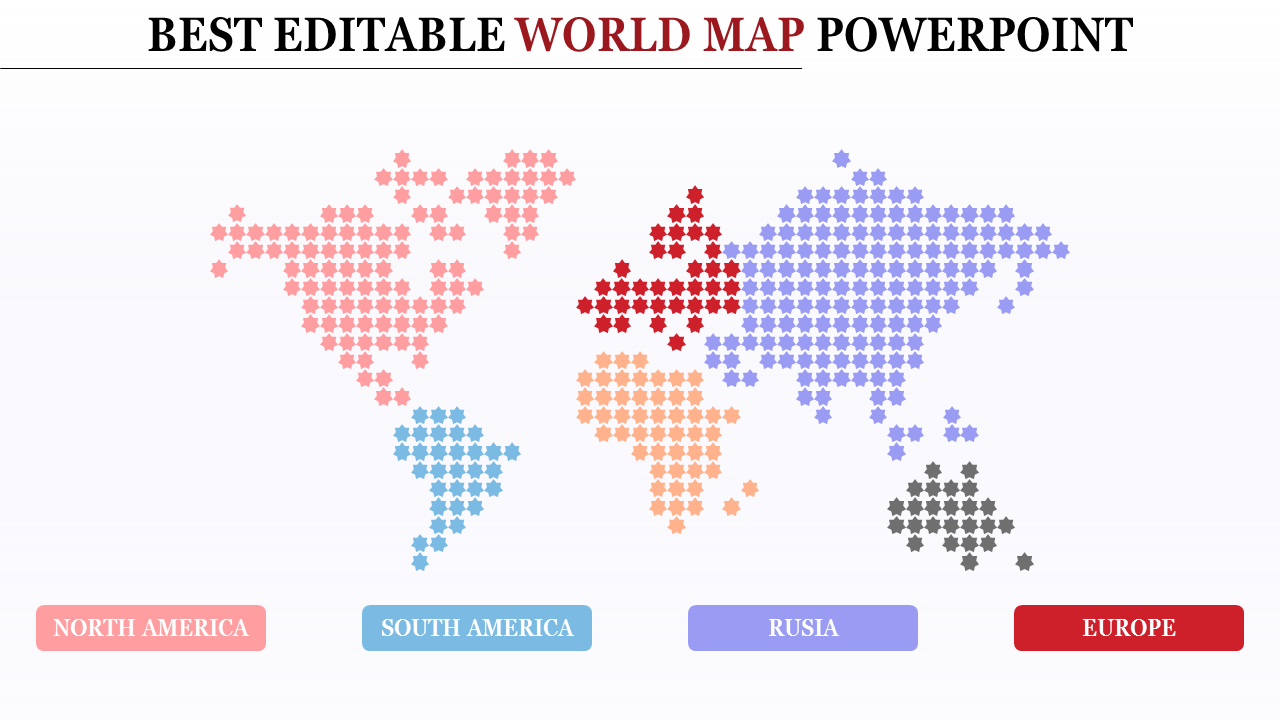 Dotted world map design with highlighted continents in pink, blue, orange, purple, and red for distinct regions.