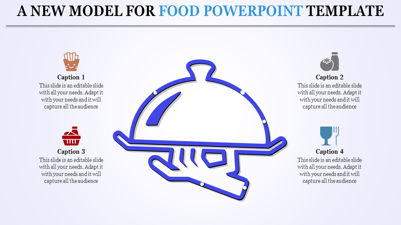 Food slide with a blue tray graphic in the center and four icons around it, each with descriptive captions.