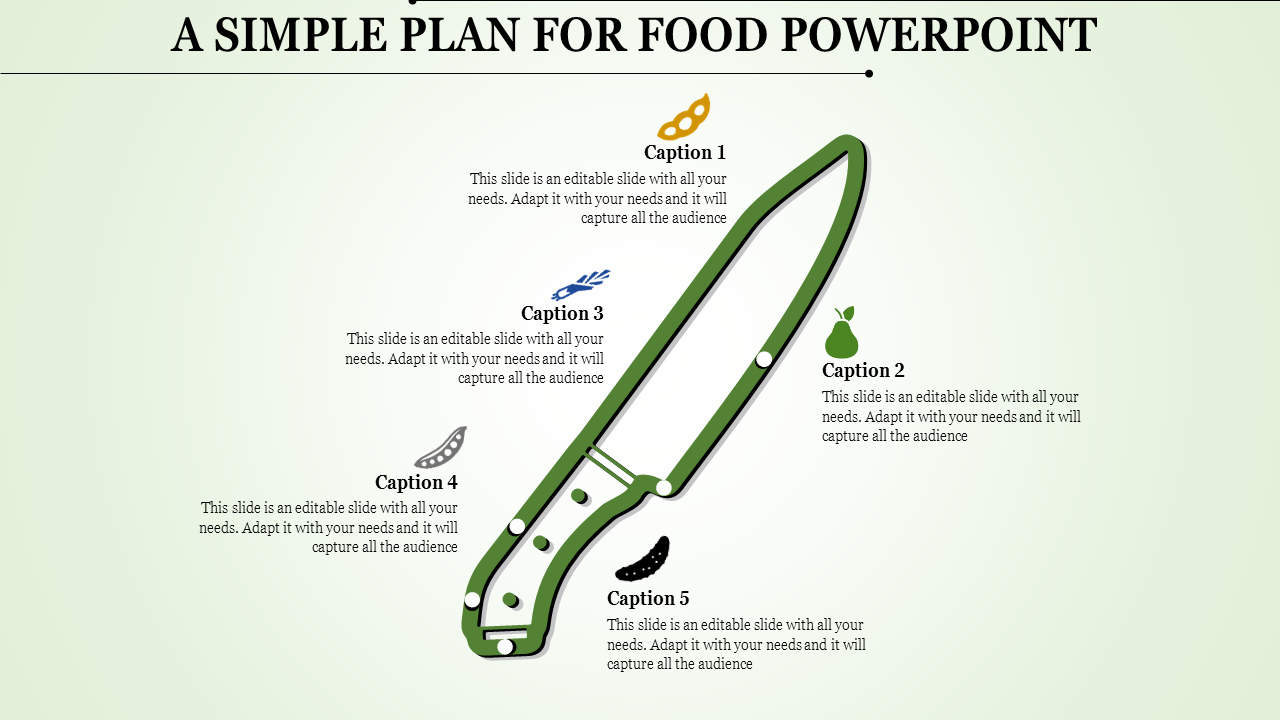 A simple food themed PPT slide with a green knife and colorful food icons like peas, pears, and wheat with captions.