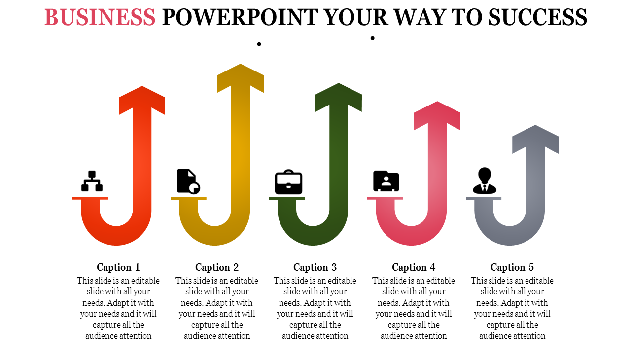 Business PPT slide with colorful upward arrows and icons with captions and placeholder text.