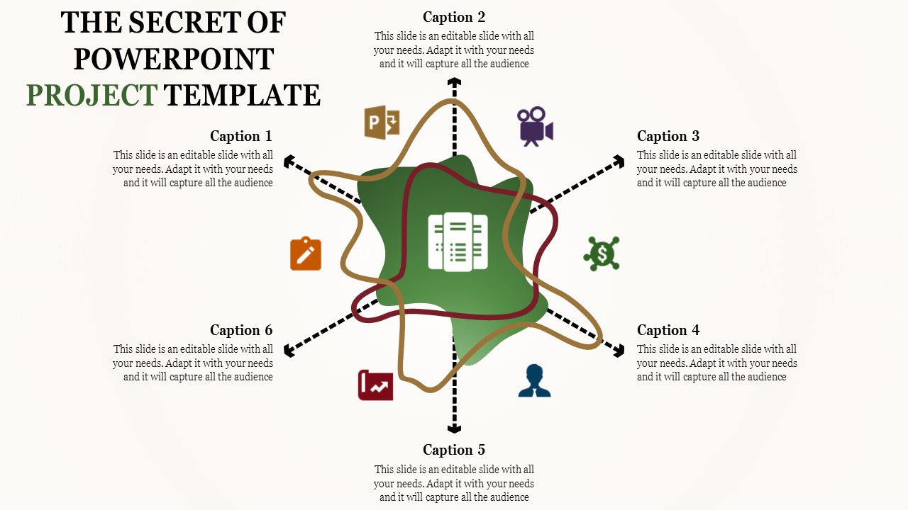 Project PowerPoint template with icons for tools, files, video, data, and money arranged in a circular pattern with captions.