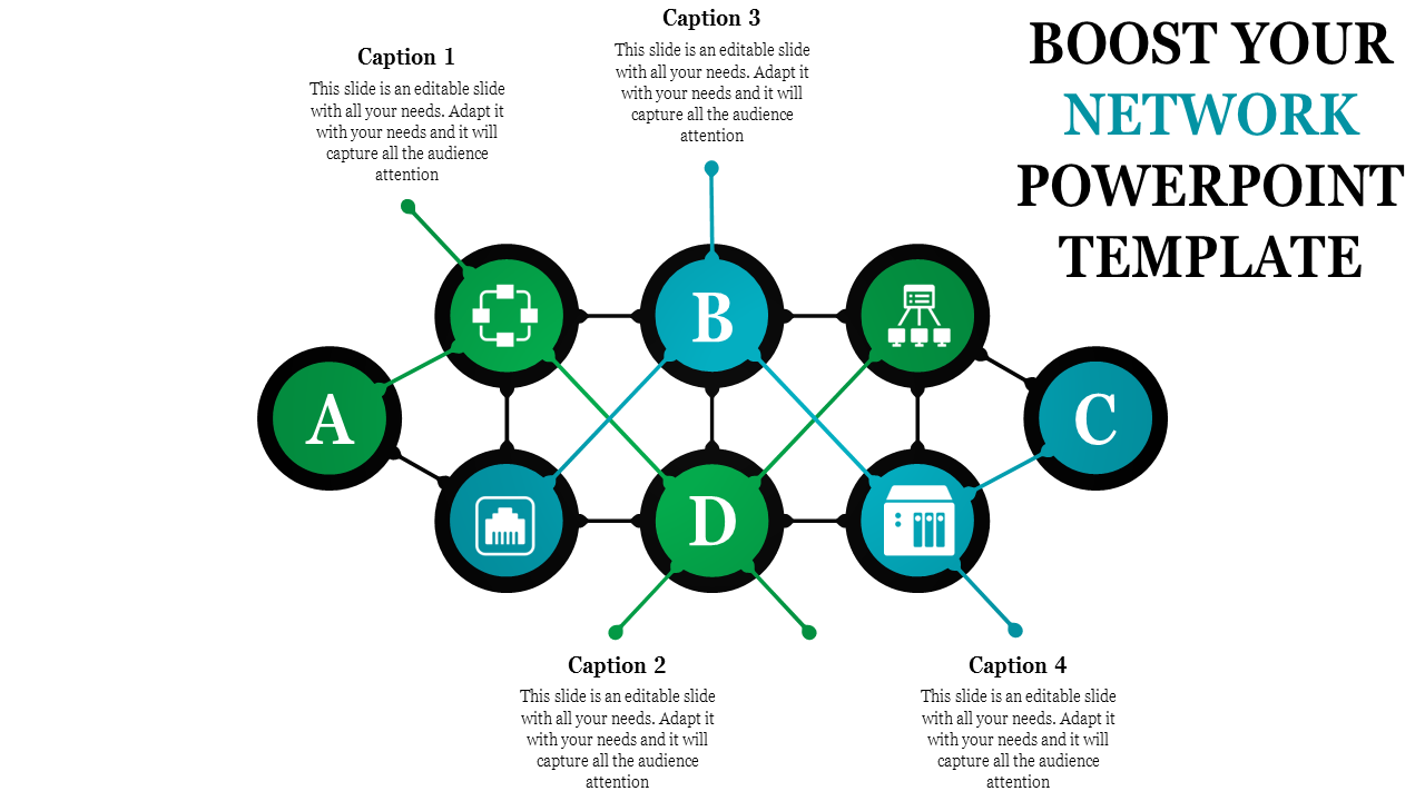 Network marketing template illustrating a central server surrounded by eight connected computer icons.