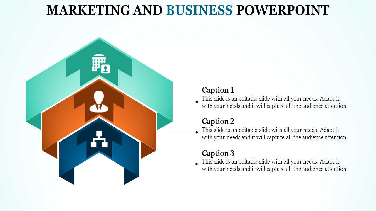 A slide showing a business and marketing with icons and three caption sections.