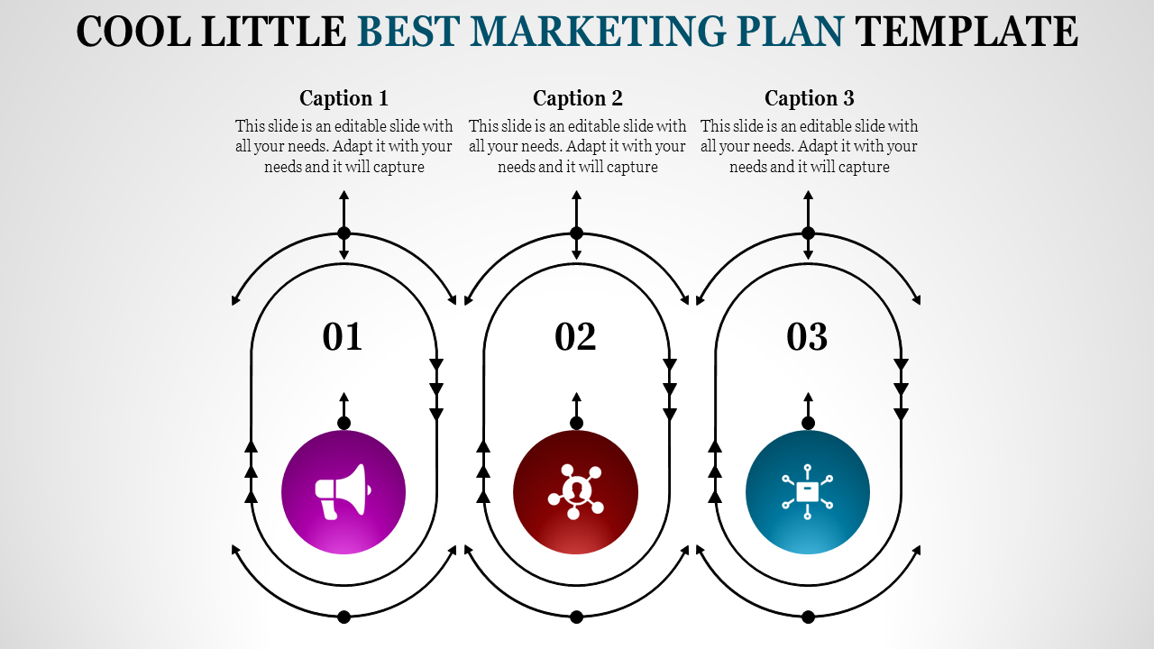 Marketing plan PPT template with three stages marked by colorful icons with captions and placeholder text.