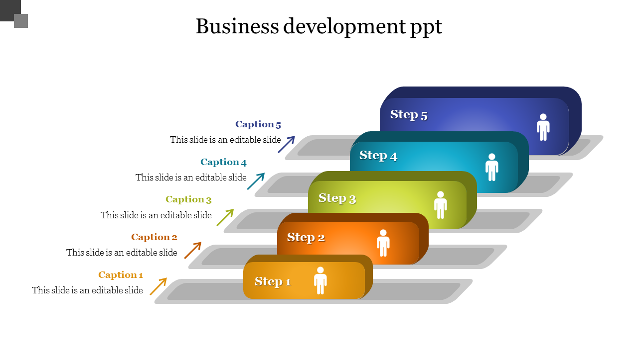 Business development slide with five steps arranged in ascending order labeled Step 1 to 5 with icons and captions.