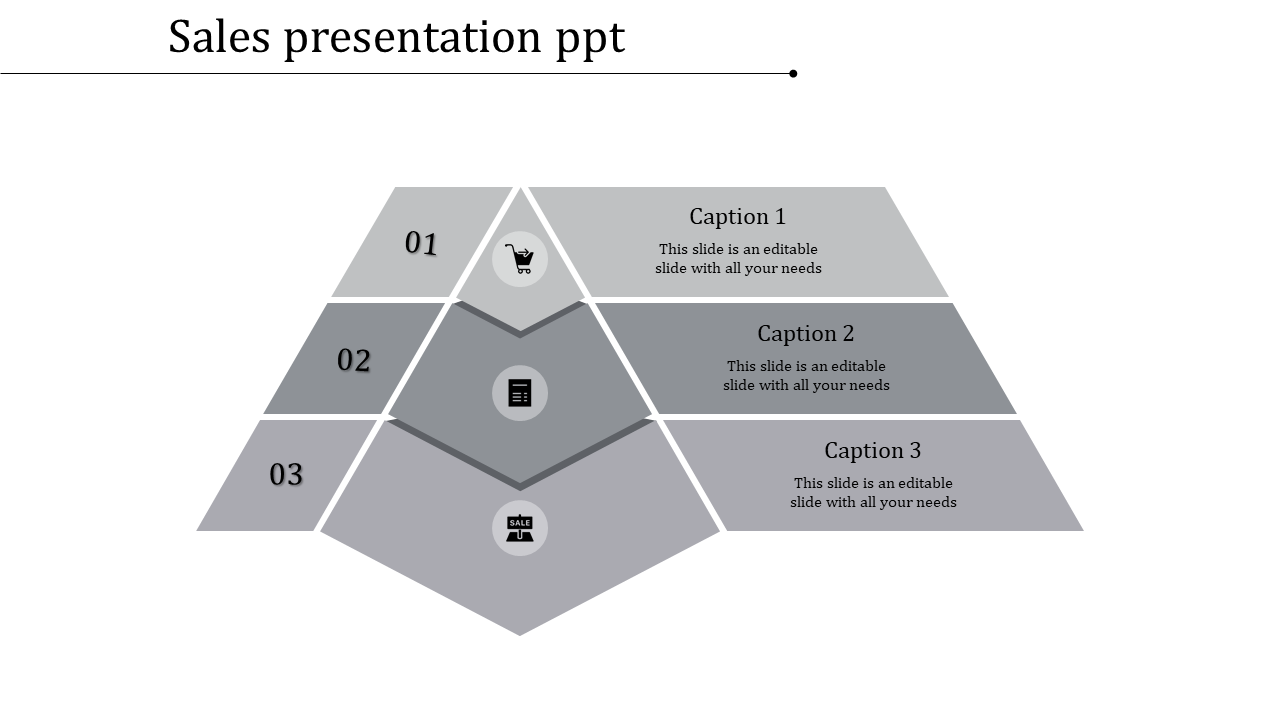 Sales PPT slide with a pyramid diagram showcasing three captions and relevant icons for shopping, calculation, and sales.