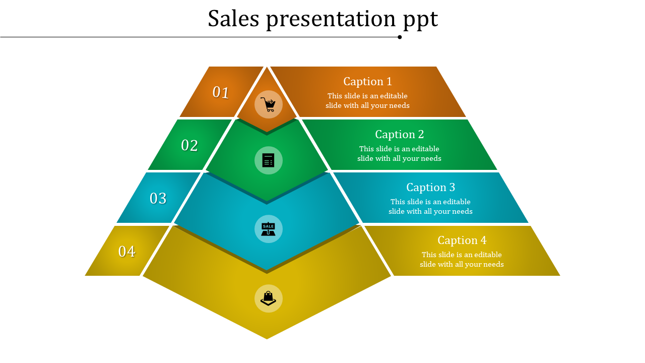 PowerPoint slide showcasing a four step sales process with color coded pyramid blocks and icons with captions.