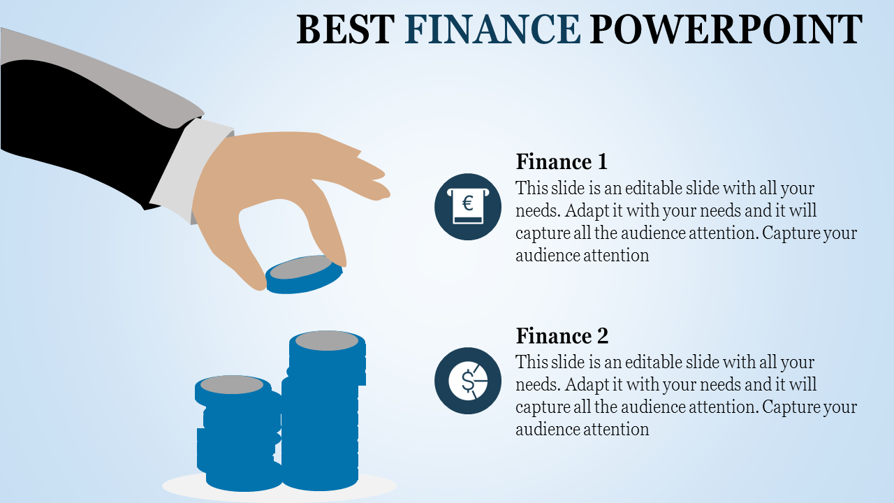 Professional finance themed PowerPoint slide showing a hand and stacks of coins with placeholder text.