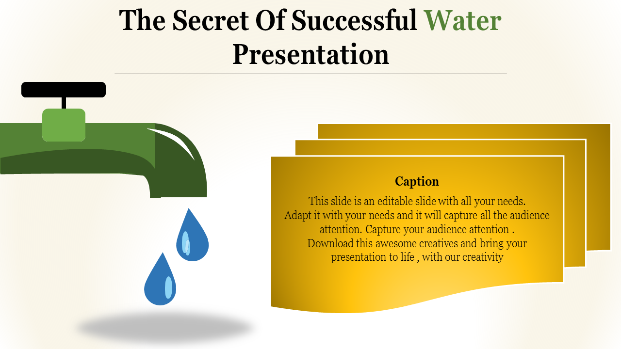 Water presentation slide with a faucet and water droplets, featuring placeholders for text.