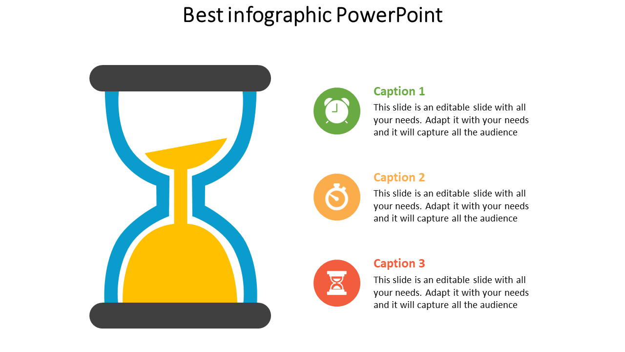 Best infographic PowerPoint template with an hourglass symbol and three captions with icons.